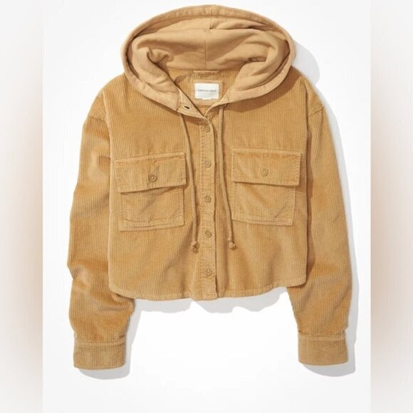 American Eagle AE Hooded Cropped Corduroy Button-Up Shirt Shacket Tan new NWT S - Picture 5 of 15